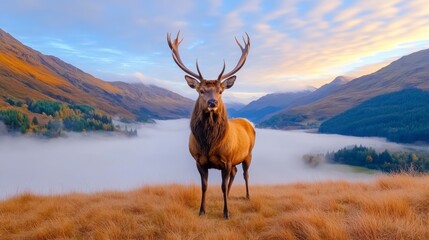 Majestic Stag Standing on Hill Overlooking Misty Valley at Dawn