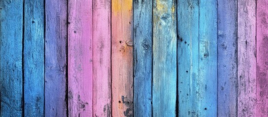 Fototapeta premium Colorful weathered wooden planks background with vertical arrangement and vibrant pink, blue, purple hues