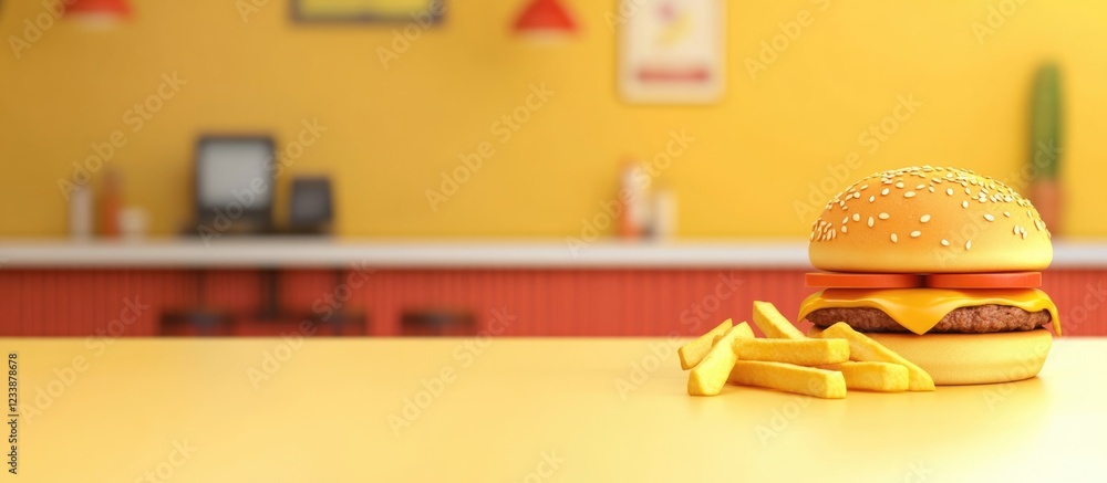Poster cheeseburger and fries on a bright table with empty space for text in a vibrant restaurant setting