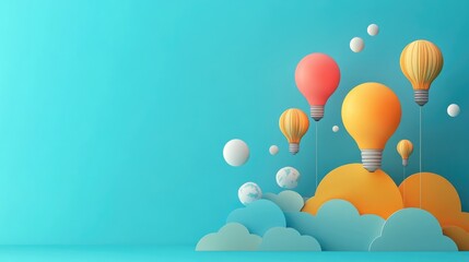 Colorful hot air balloons against a soft blue background creating a whimsical and imaginative atmosphere for creative design concepts.