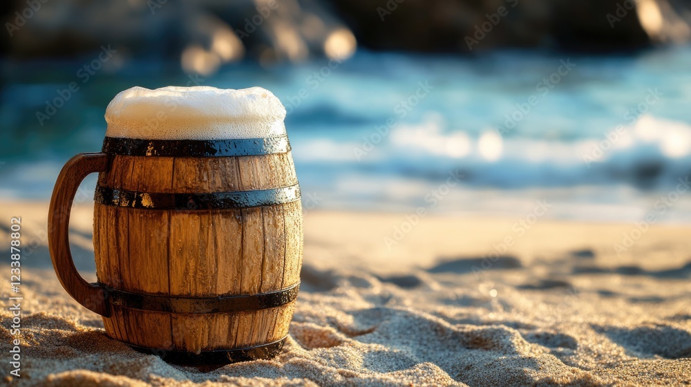Poster wooden beer barrel on sandy beach with waves in background featuring ample empty space for text and 