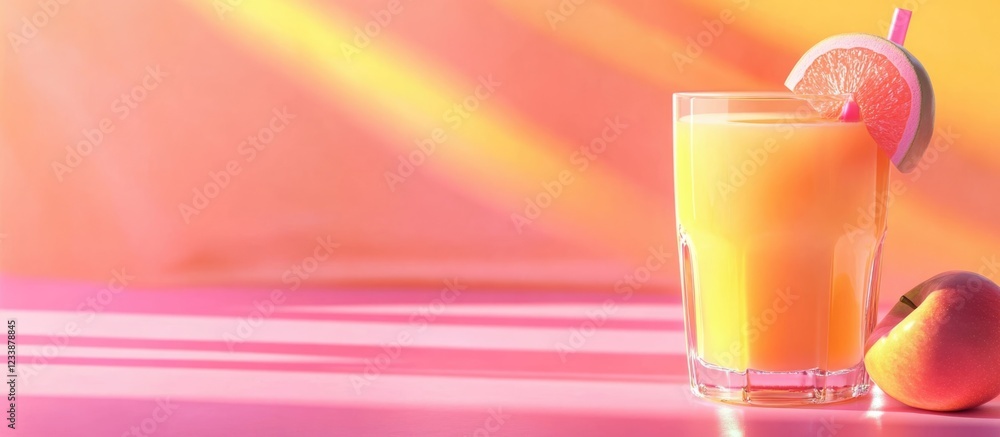 Poster freshly squeezed orange juice in a glass with lemon slice and peach on a colorful pastel background 