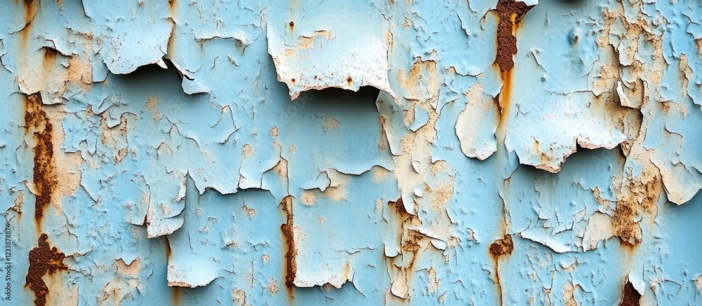 Poster peeling blue paint on weathered surface with rust texture and visible layers of deterioration copy s