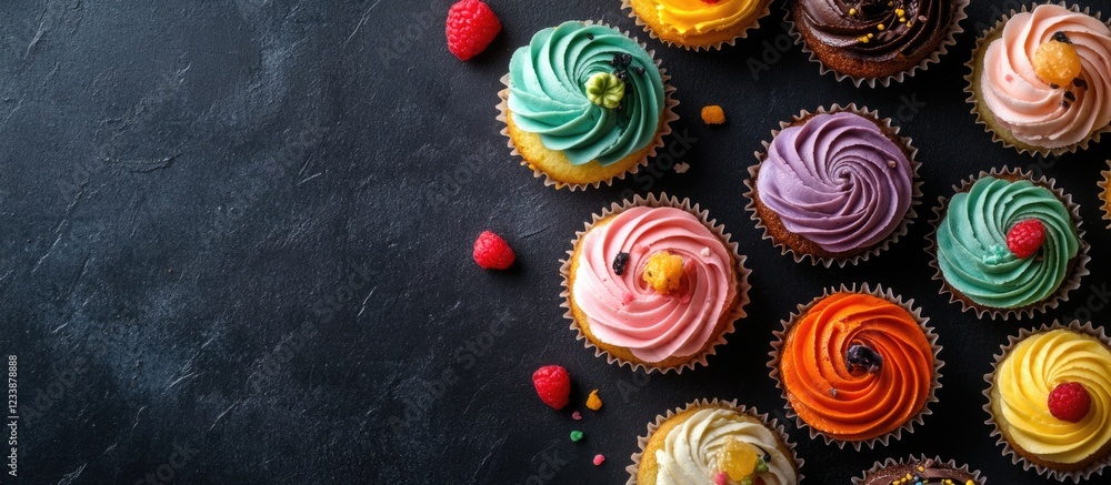 Poster colorful cupcakes with swirled frosting on dark slate background with fresh berries and copy space f