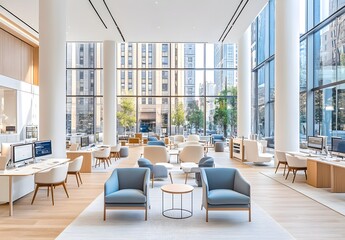 Fototapeta premium A sleek, modern bank office with white and blue accents, featuring large windows for natural light, multiple desks arranged in rows, an open space area, high-tech equipment like monitors and 