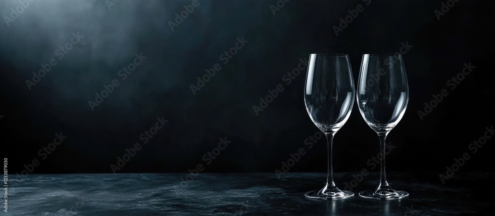 Poster champagne glasses on a dark table with empty copy space for elegant text or branding in a sophistica