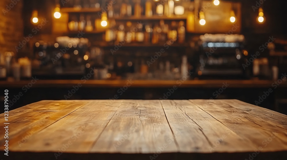 Poster rustic wooden table in a warm bar with blurred background and hanging lights creating cozy atmospher