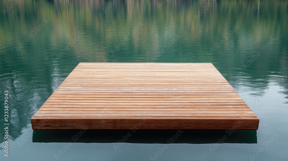 Poster serene wooden dock on a tranquil lake with expansive calm waters and ample space for text or design 