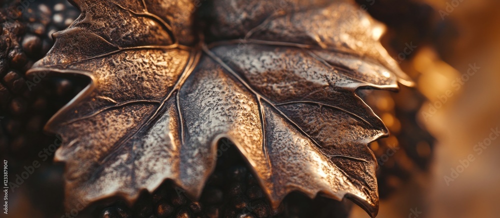 Poster detailed close-up of a textured bronze or metallic leaf on a blurred background with copy space for 
