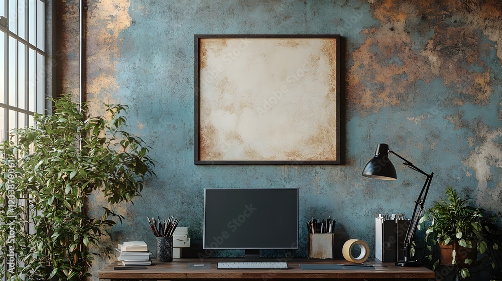 Aufkleber cozy and inviting rustic office workspace with computer decorative plants and stationery accessories