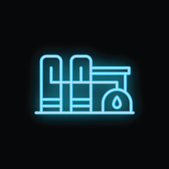 Glowing neon icon of a water purification system with water tank and filters, representing clean and safe drinking water