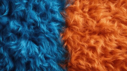Fototapeta premium Colorful textured fur fabric in blue and orange hues with a soft fluffy appearance and copy space for text placement.