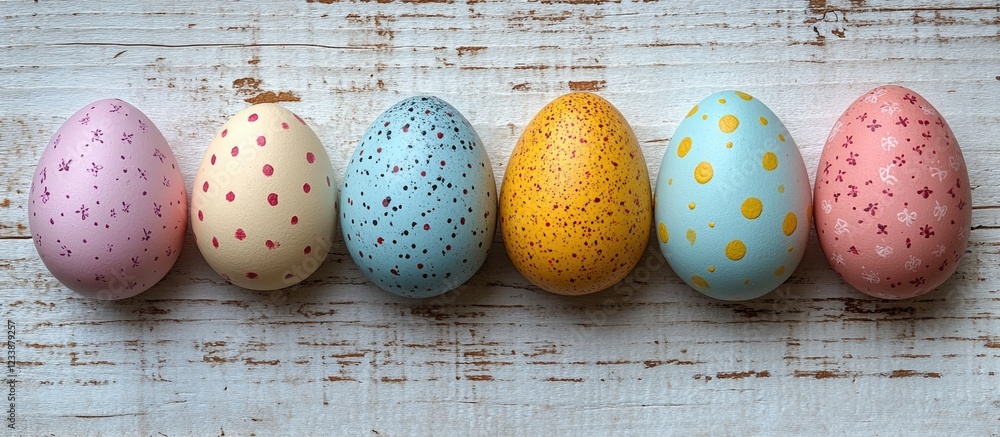 Poster colorful easter eggs arranged in a row on a rustic wooden background with copy space for text.