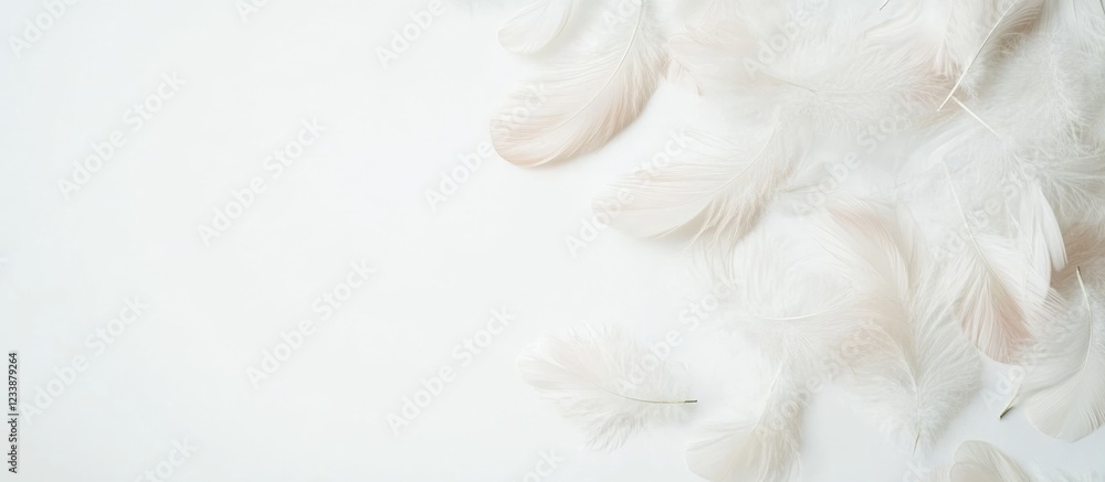 Poster delicate white feathers arranged on a light background with ample copy space for text placement