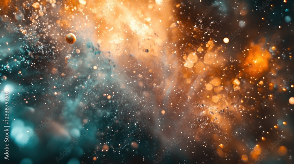 Poster cosmic nebula with vibrant colors featuring planets luminous stars and empty space for text or overl