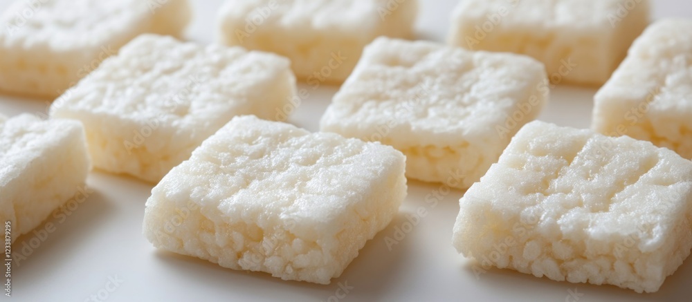 Poster rice cakes arranged in a pattern on a white surface displaying their texture and detail with copy sp