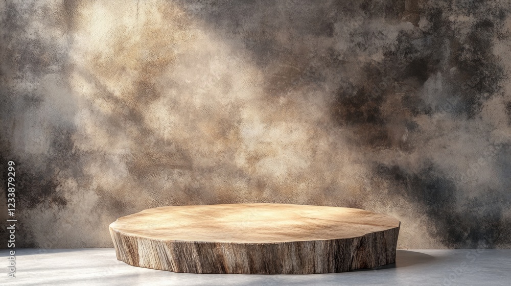 Poster wooden display podium with grunge studio backdrop providing empty space for product showcase and tex