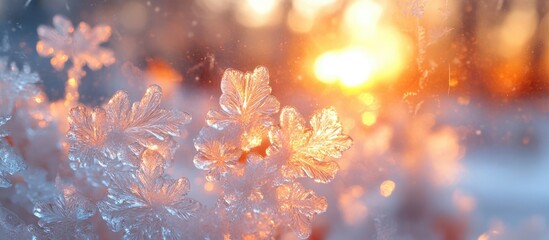 Frosted flowers with sunlight shining through creating a warm glow and soft bokeh background Winter nature scene with Copy Space