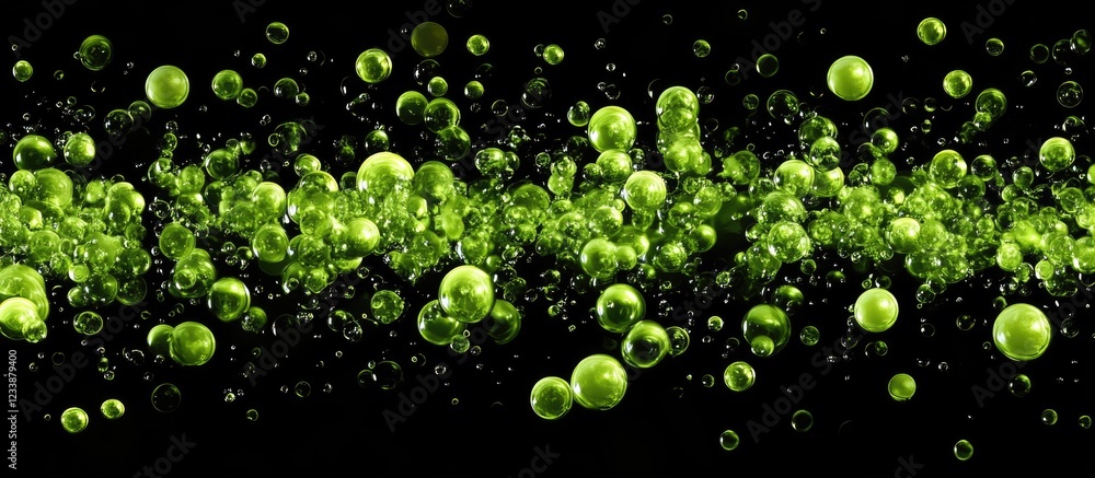 Poster green bubbles or spheres in motion on a dark background with copy space for text. high contrast and 