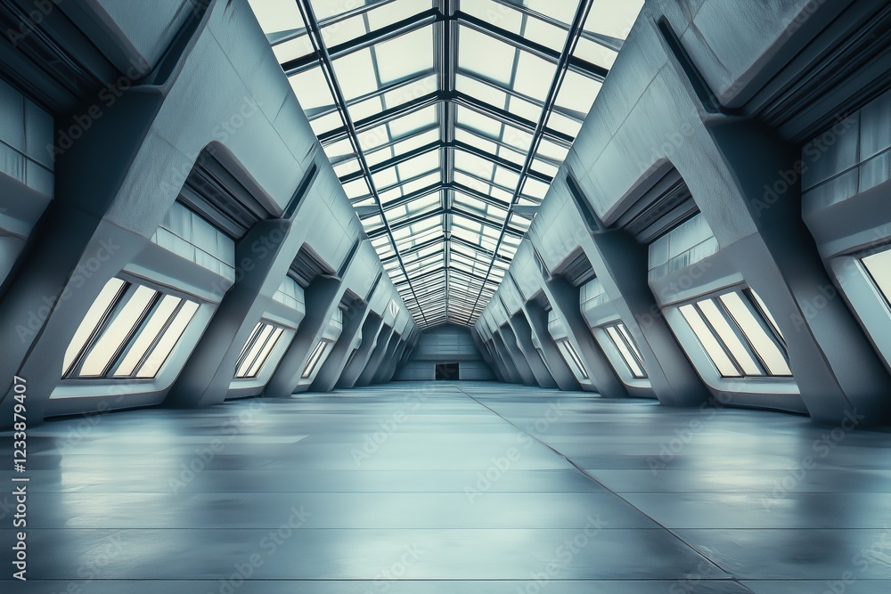 Poster a spacious, modern sci-fi futuristic interior design style with a high glass ceiling and angular wal