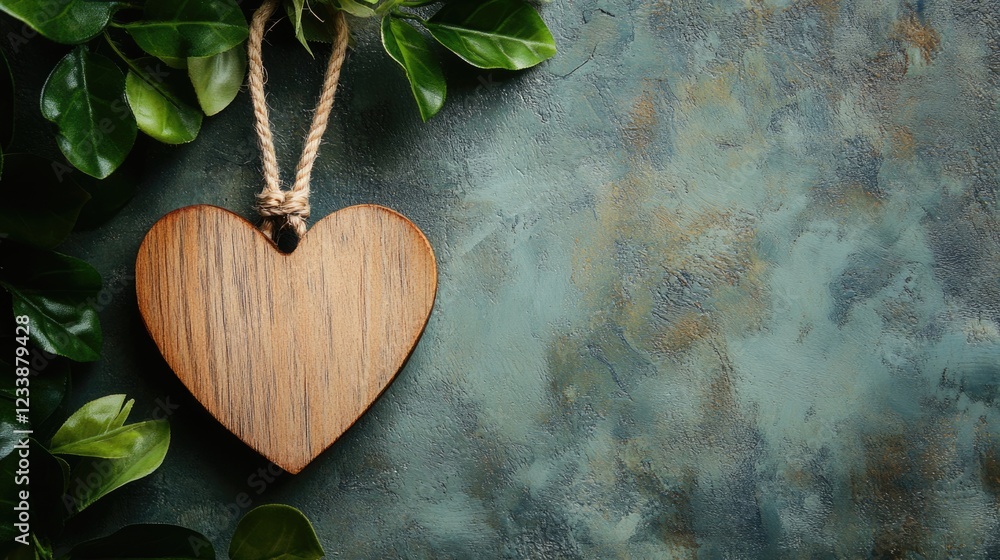Poster wooden heart hanging by rope surrounded by green leaves on textured background with empty space for 