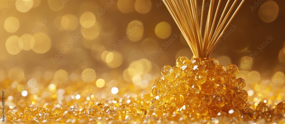 Aufkleber golden beads scattered on a reflective surface with a toothpick surrounded by a warm bokeh light bac