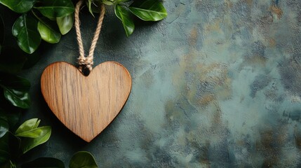 Wooden heart hanging by rope surrounded by green leaves on textured background with empty space for customizable text or message.