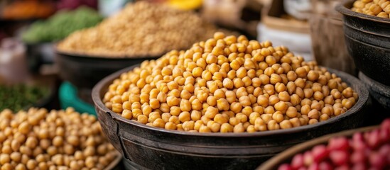 Fresh yellow chickpeas in wooden bowl at local market with various legumes and grains in background Copy Space