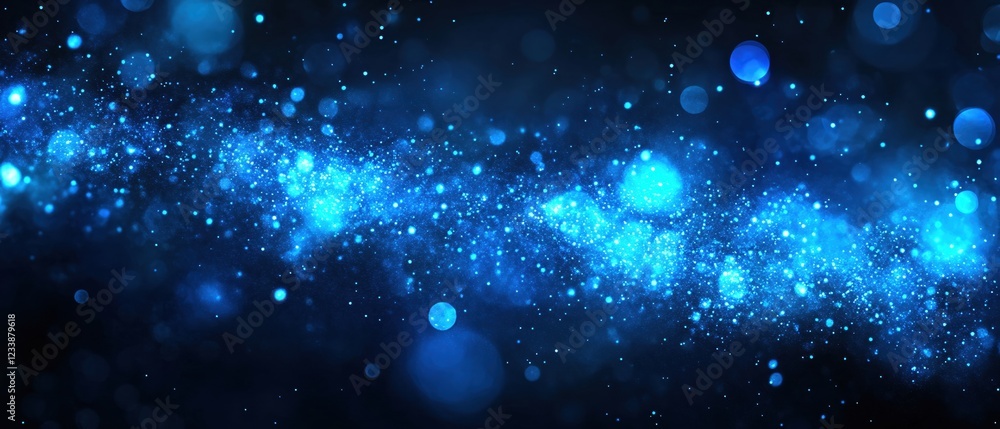 Poster abstract blue light particle cloud on dark background with bokeh effect and glowing spots