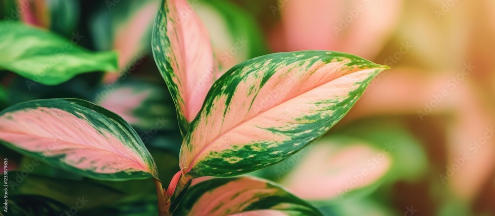 Poster colorful close-up of pink and green patterned leaves with soft focus background and copy space for t