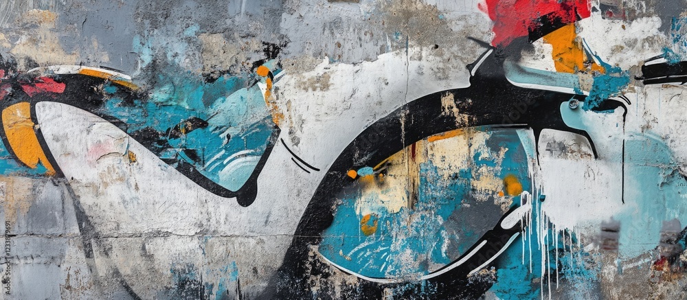 Poster abstract colorful graffiti mural with black, blue, and red elements on a textured wall with copy spa