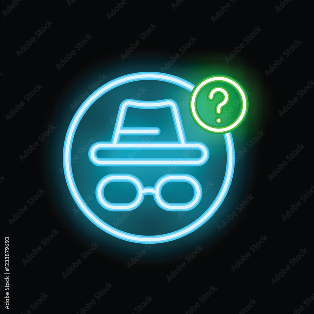 Poster glowing neon icon of incognito browsing mode, symbolizing anonymous internet usage with a question m