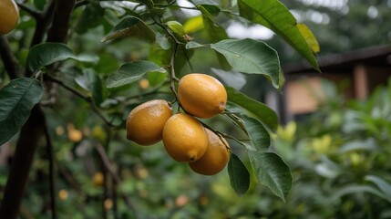Vibrant yellow lemons nestled among lush green leaves on tree branches in a serene garden setting, showcasing natural beauty and freshness.