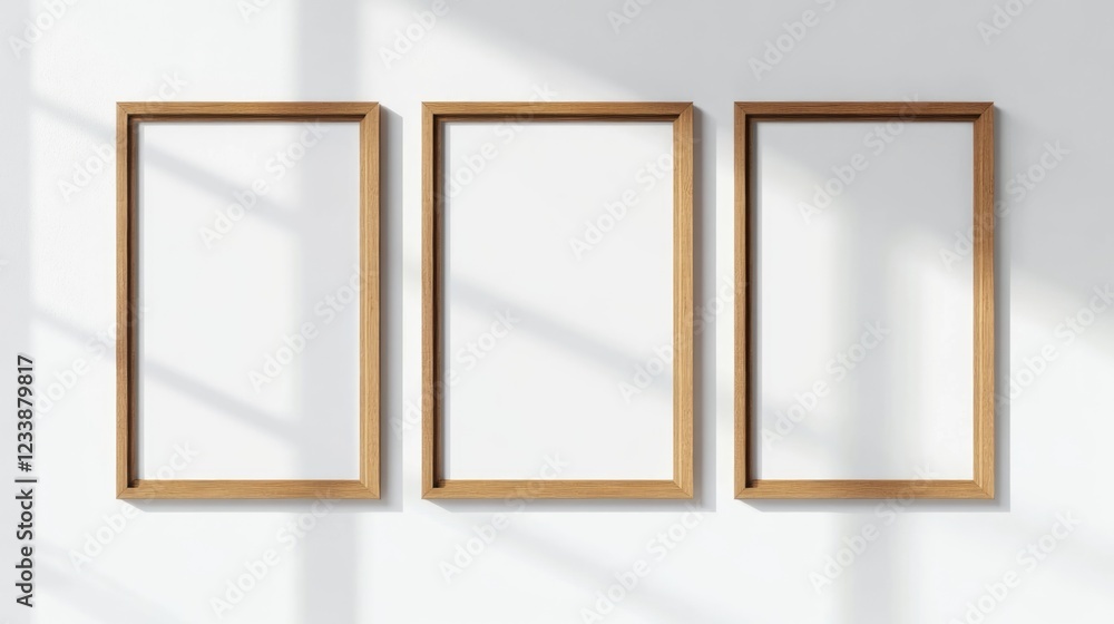 Poster minimalist wooden picture frame mockup set on white wall in modern home interior with empty space fo