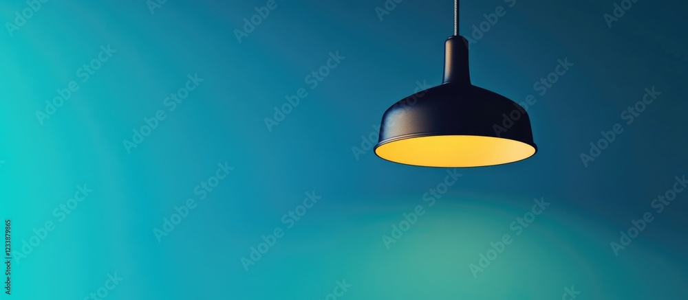 Poster ceiling lamp casting warm light on a blue gradient background with space for text or branding invita