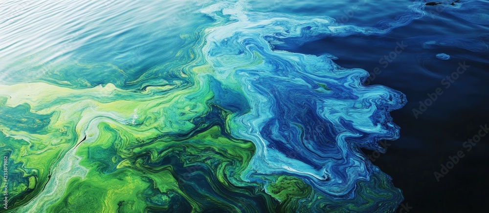 Poster colorful abstract patterns of blue and green algae in water surface with copy space for text placeme