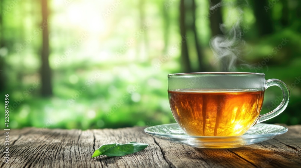 Aufkleber Serene close up of a steaming teacup on a wooden table with blurred trees in the background creating a peaceful atmosphere and space for text