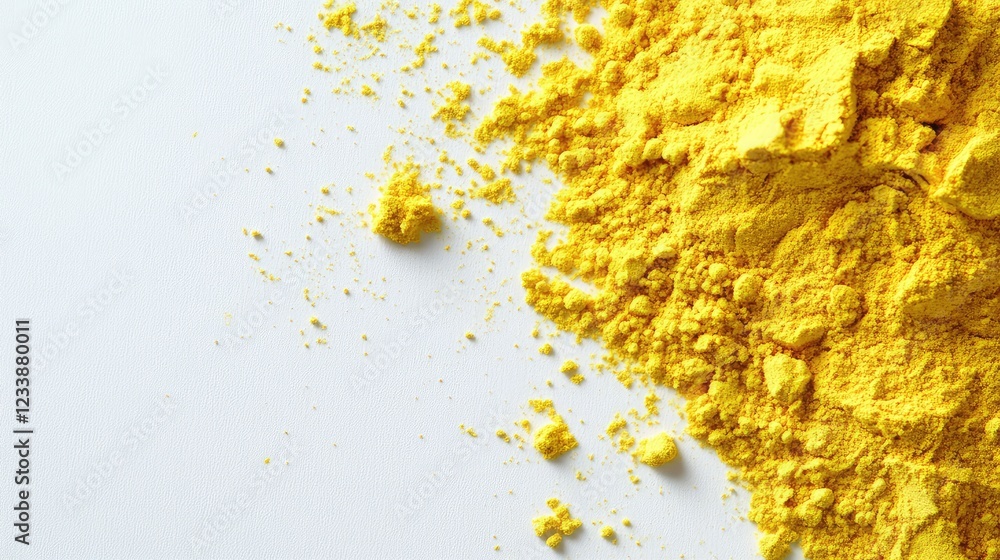 Poster bright yellow powder artfully scattered on a crisp white surface, creating a dynamic composition wit