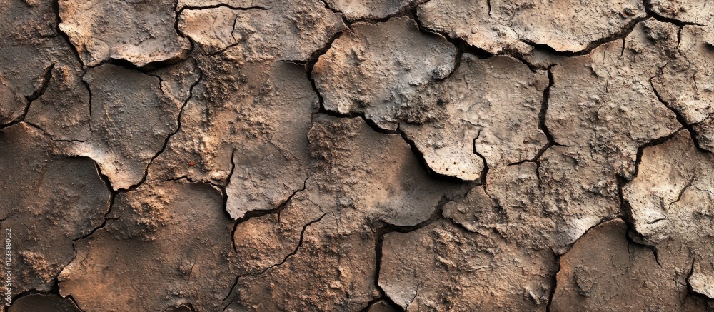 Poster brown cracked earth texture background with uneven surface and natural patterns ideal for various de