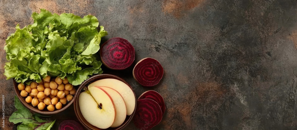 Poster nutrient-rich salad ingredients including lettuce beetroot chickpeas and apple on rustic background 