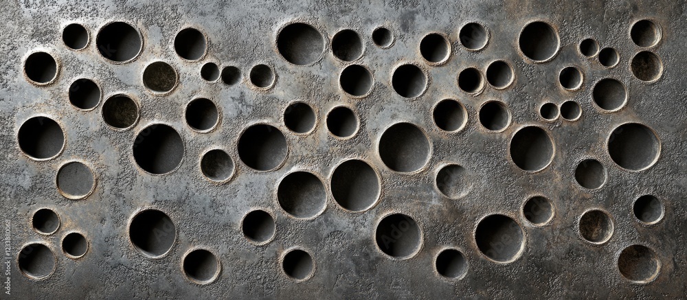 Poster metal surface with multiple circular holes creating an abstract pattern showing texture and depth wi
