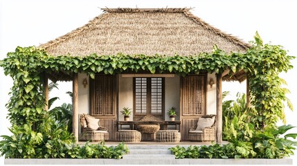 Tropical hut with thatched roof and lush greenery, showcasing wooden details and woven furniture