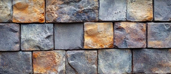 Fototapeta premium Textured stone wall background with various colors and patterns showcasing a rustic masonry design suitable for construction themes Copy Space