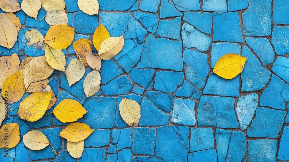 Poster yellow autumn leaves on blue textured stone slabs creating a mosaic background with empty space for 