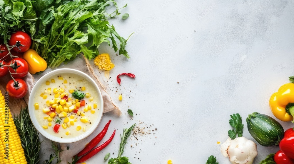 Aufkleber cozy bowl of corn chowder surrounded by fresh vegetables and greens on light background with ample e