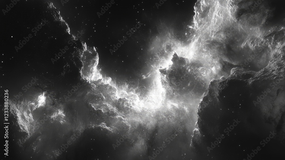 Poster cosmic explosion in deep dark space showcasing awe-inspiring celestial clouds and stars in monochrom