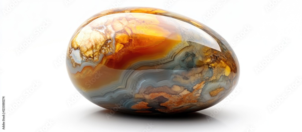 Poster polished agate stone with orange and gray bands on a white background with copy space for text place