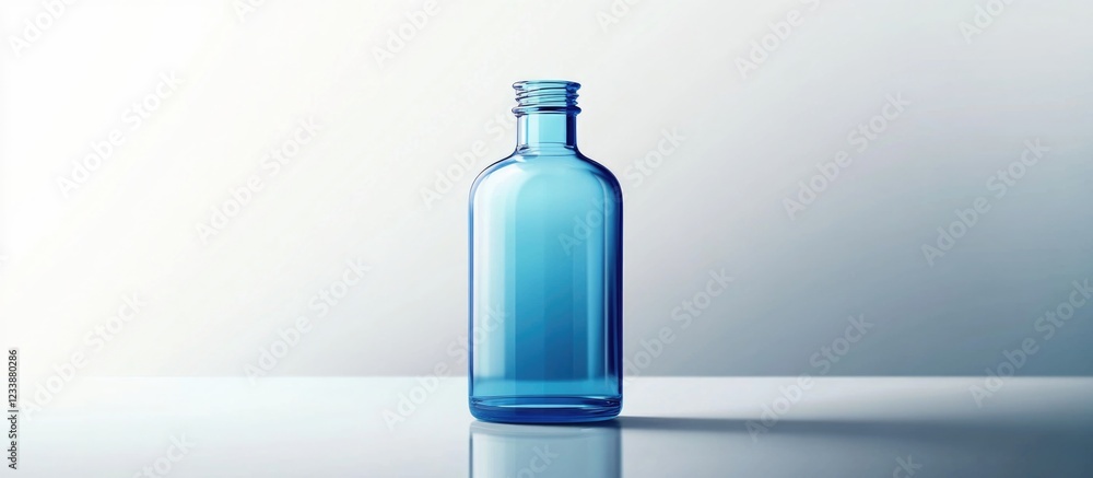 Aufkleber blue glass bottle on reflective surface with neutral background and copy space available for text or