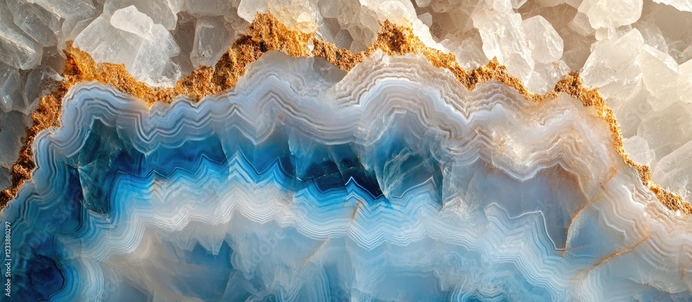 Poster blue and white agate stone with geometric patterns and textured layers copy space