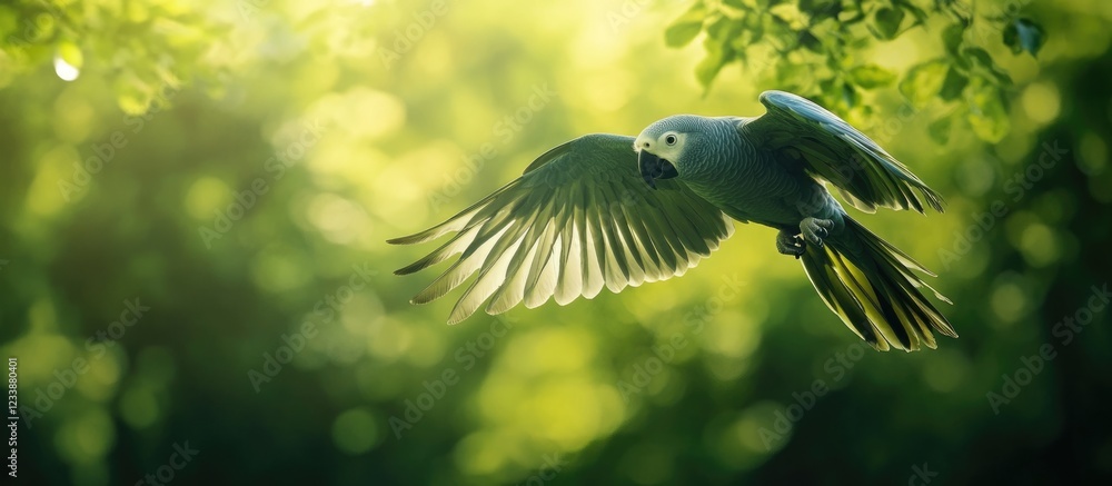 Poster blue parrot flying against a bright green forest background with soft bokeh and ample copy space for